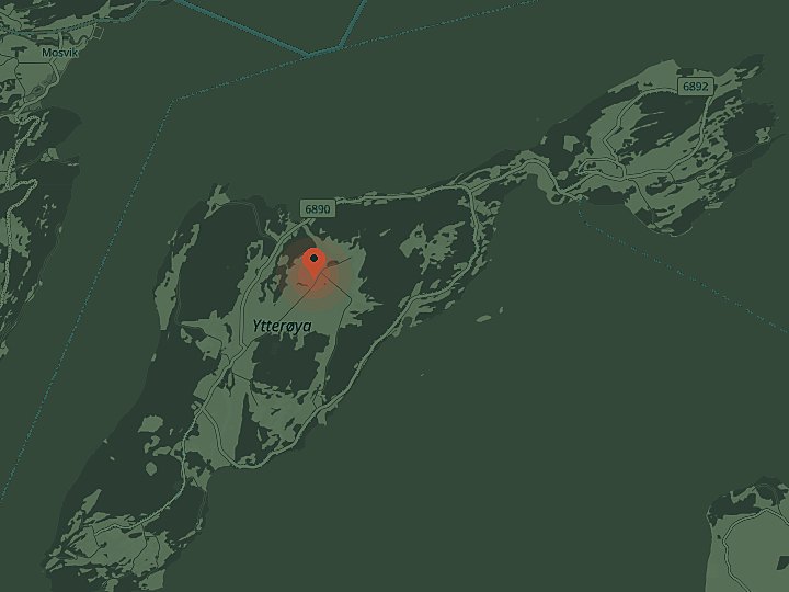 Kart over Ytterøy i Trondheimsfjorden. Markøren viser Flatan 161.